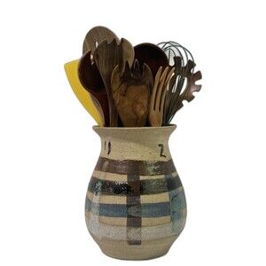VINTAGE Stoneware Utensil Crock Vase With Numbers Plaid Geometric Multicolored